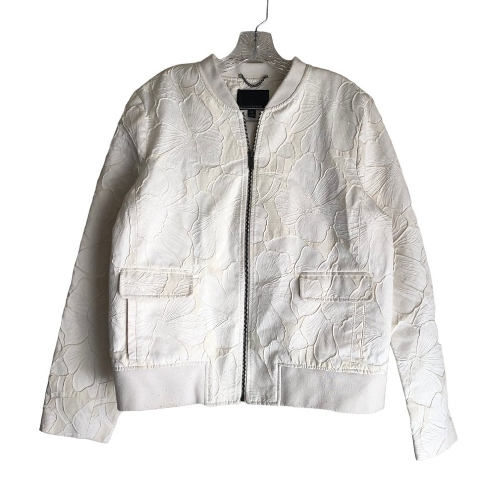 Banana Republic Womens Varsity Jacket Sz XL Floral Beige Textured Full Zip Lined